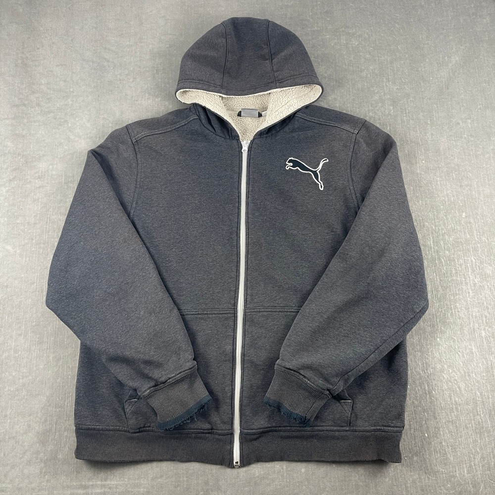 Puma Mens XL Gray Full Zip Hoodie Sherpa Lined Fleece Jacket Logo Wear